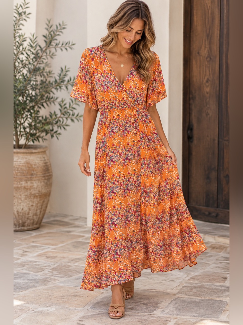 Umgee Floral Maxi Dress in Orange Size Small